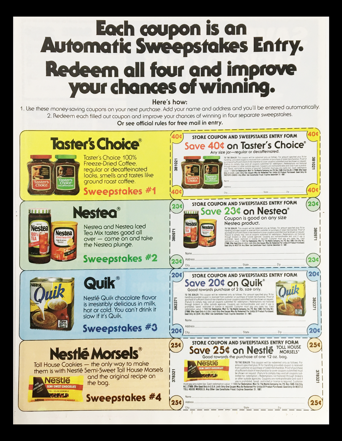 Second page of the 1981 One-A-Day Flintstones & Bugs Bunny Vitamins Circular Coupon Advertisement featuring additional coupon offers for associated brands like Taster's Choice and Nestea, with details on sweepstakes entries for participating customers.