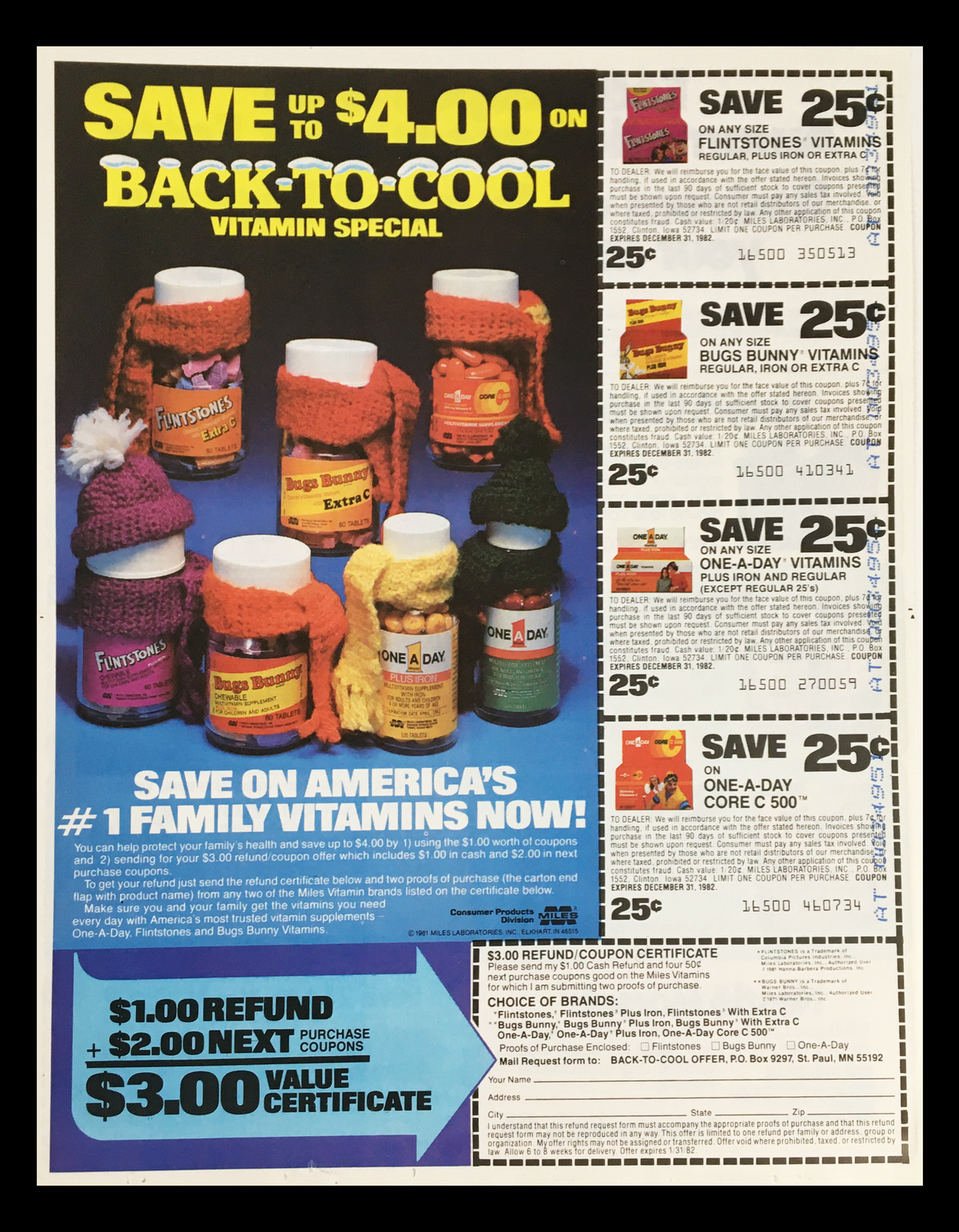 1981 One-A-Day Flintstones & Bugs Bunny Vitamins Circular Coupon Advertisement showcasing various vitamin bottles with promotional offers, including a $4 discount on vitamin purchases. The image highlights nostalgic branding from the 1980s.