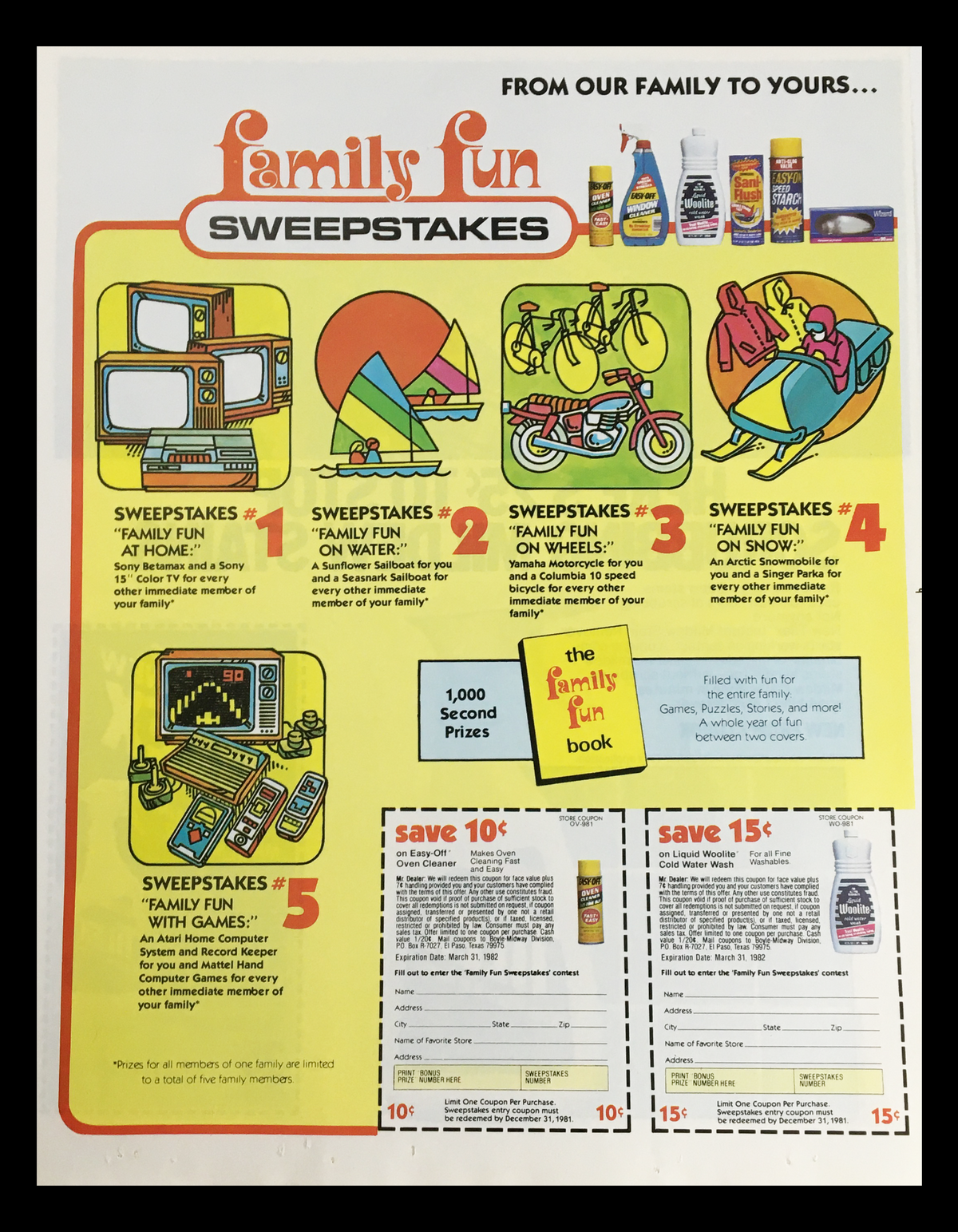 1982 family fun sweepstakes advertisement featuring colorful illustrations of prizes like a bicycle, television, and board games, promoting family activities and contests.