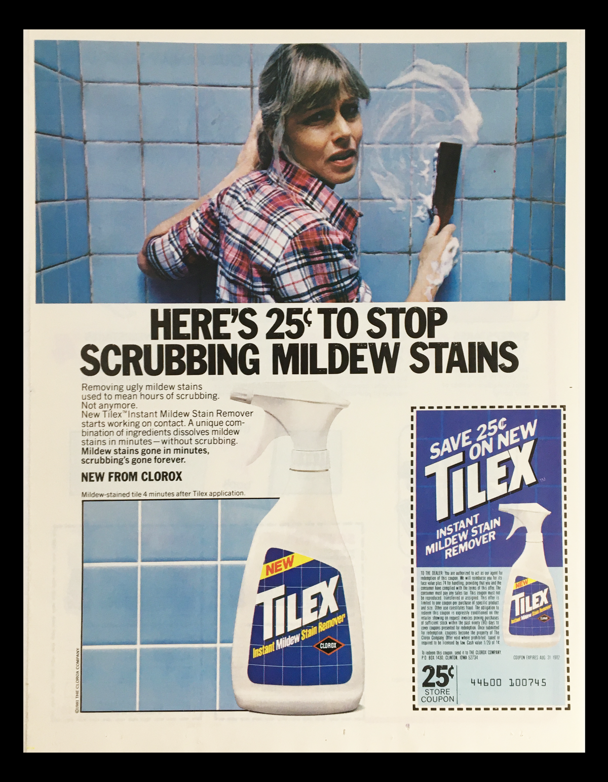 1982 Tilex Instant Mildew Stain Remover Circular Coupon Advertisement featuring a woman cleaning tiles, showcasing the Tilex product and a coupon offer to save 25 cents on purchases.