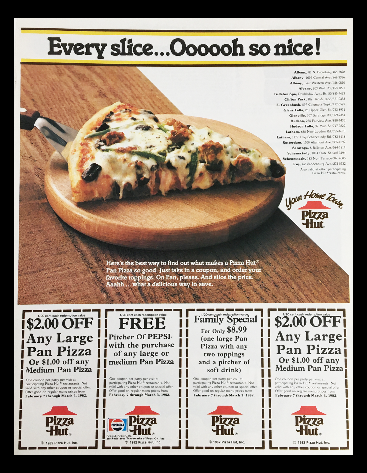 1983 Pizza Hut advertisement featuring a delicious slice of Pan Pizza on a wooden board. Offers coupons for discounts, perfect for vintage pizza enthusiasts and collectors.
