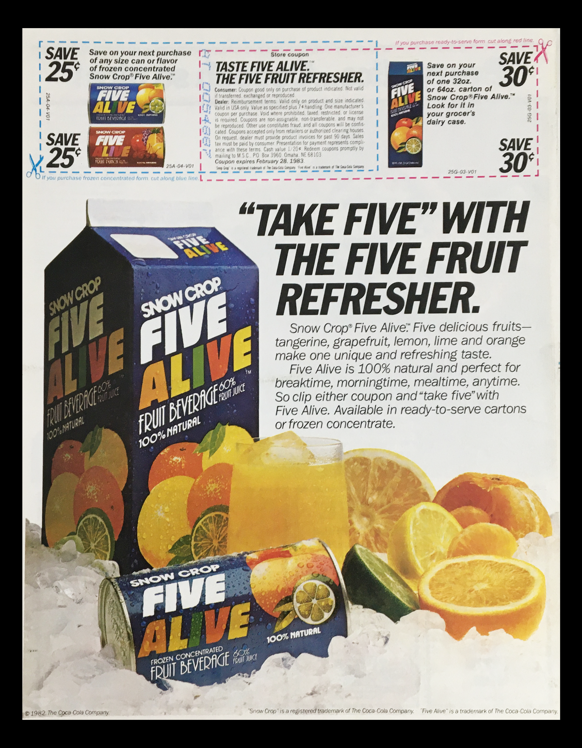 1983 Snow Crop Five Alive Fruit Beverage Circular Coupon Advertisement showcasing vibrant graphics of Five Alive fruit drink and a refreshing glass of juice. Vintage marketing piece ideal for collectors.