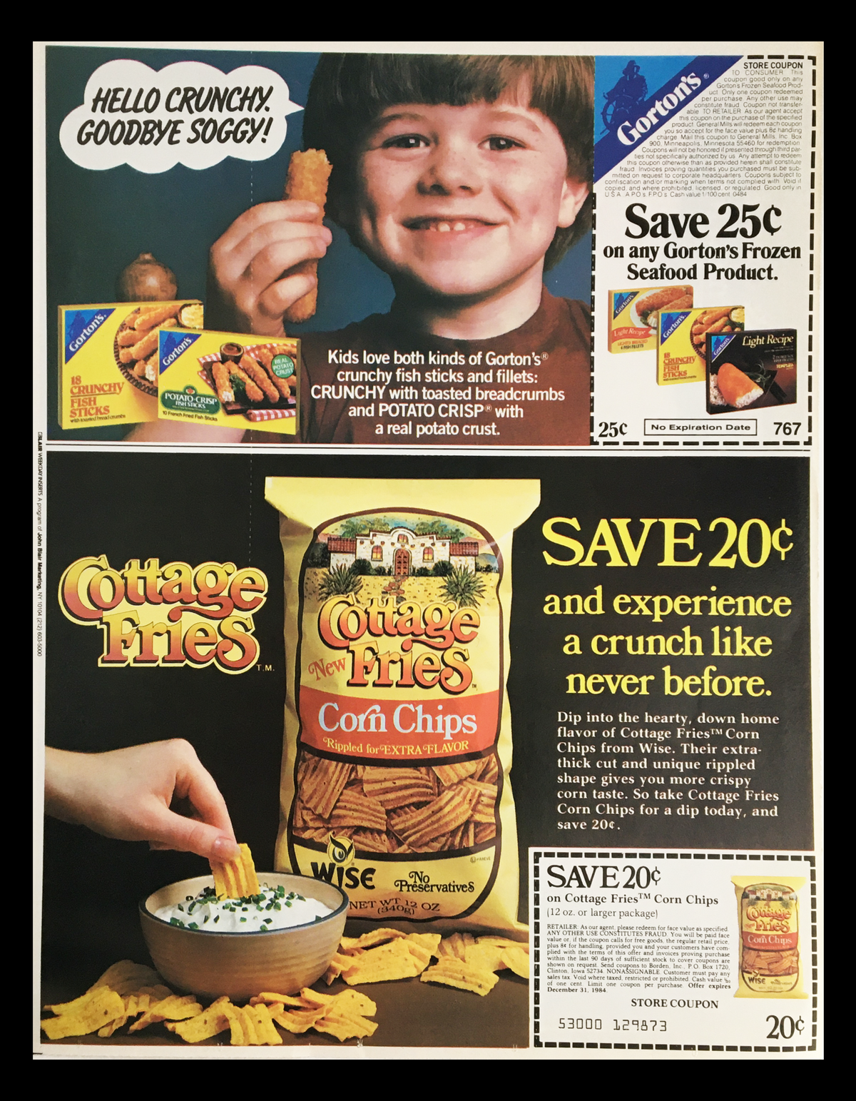 Advertising image for Gorton's and Cottage Fries, featuring a smiling child eating a crunchy fish stick and a bag of Cottage Fries Corn Chips, promoting discounts on seafood products and snack chips.