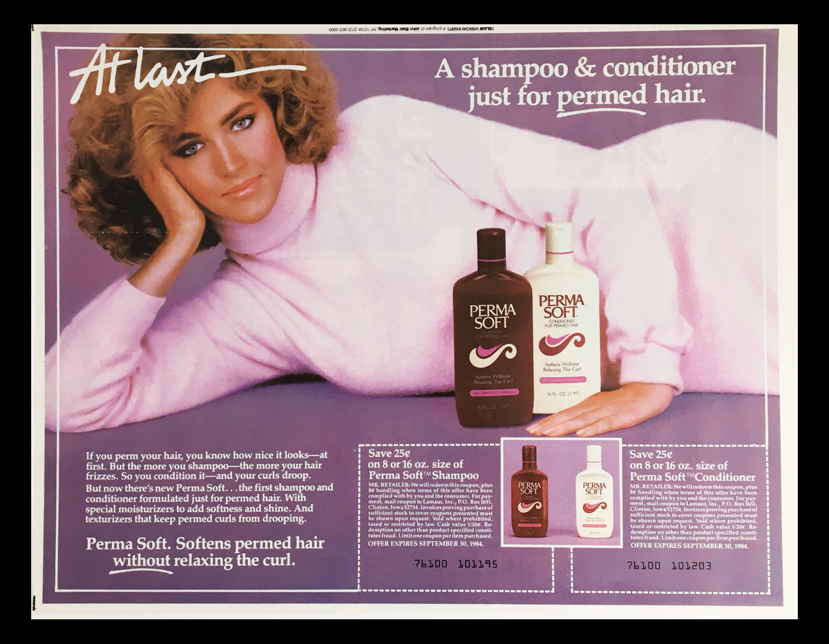1984 Perma Soft Shampoo & Conditioner Circular Coupon Advertisement featuring a model with curly hair promoting the products designed for permed hair, showcasing the shampoo and conditioner bottles and a discount offer.
