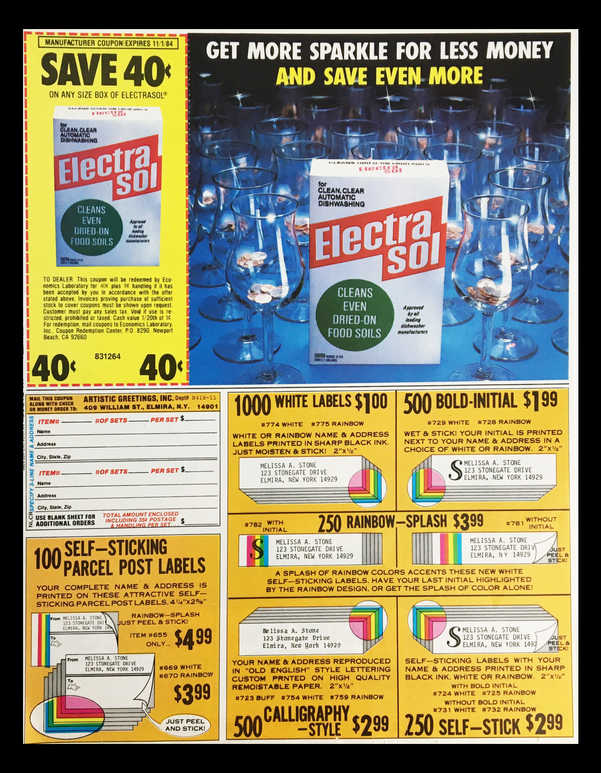 Advertisement for Electra Sol dishwashing product and assorted labels, promoting savings on cleaning products and emphasizing their effectiveness in tackling food soils.
