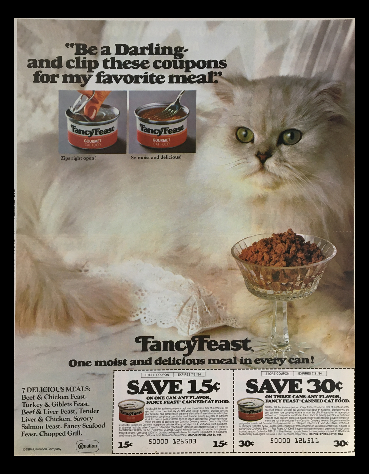 1984 Carnation Fancy Feast Cat Food Circular Coupon Advertisement featuring a fluffy white cat with a bowl of pet food, highlighting savings and advertising delicious meals for cats.