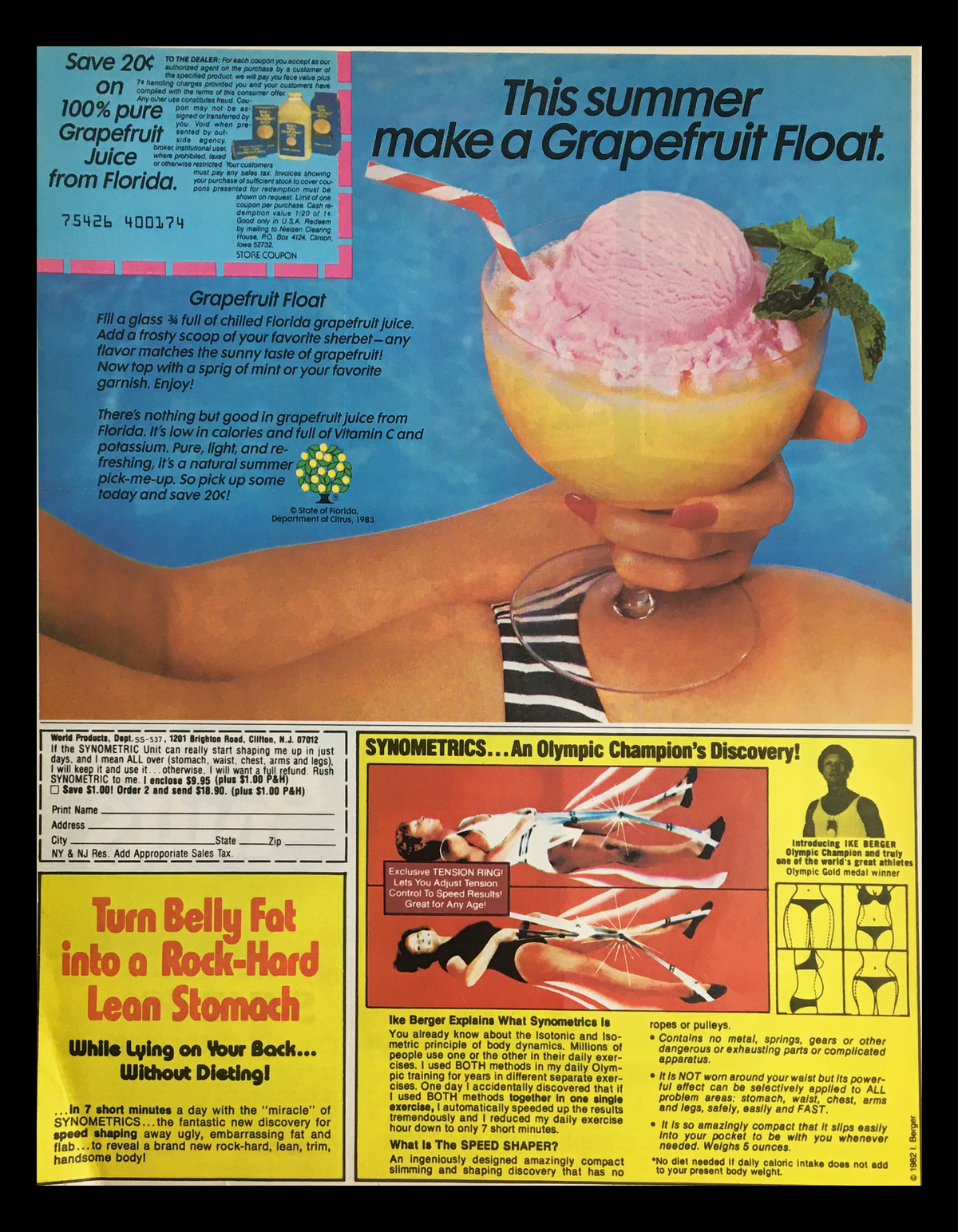 1983 Post Fruity Pebbles & Grape-Nuts Cereal Circular Coupon Advertisement showcasing a refreshing Grapefruit Float and coupon for Florida grapefruit juice, highlighting summer refreshment ideas.
