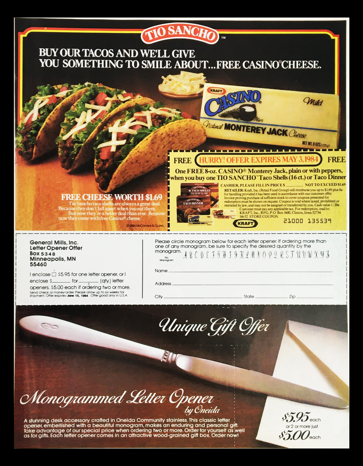 1984 Trip of Your Life Sweepstakes Circular Coupon Advertisement featuring tacos, a Monterey Jack coupon, and a unique gift offer for a monogrammed letter opener. Good condition with original printing, measures 11 1/4 x 8 3/4.