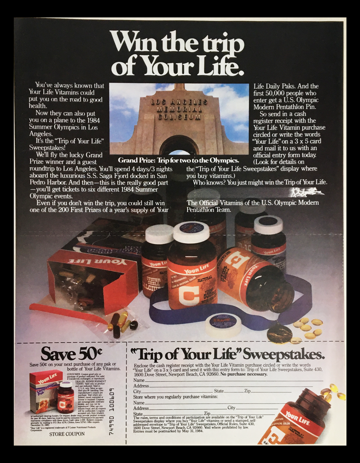 1984 Trip of Your Life Sweepstakes Circular Coupon Advertisement showcasing a colorful layout with product images, contest details, and instructions for participation, emphasizing the opportunity to win a trip to the Olympics.