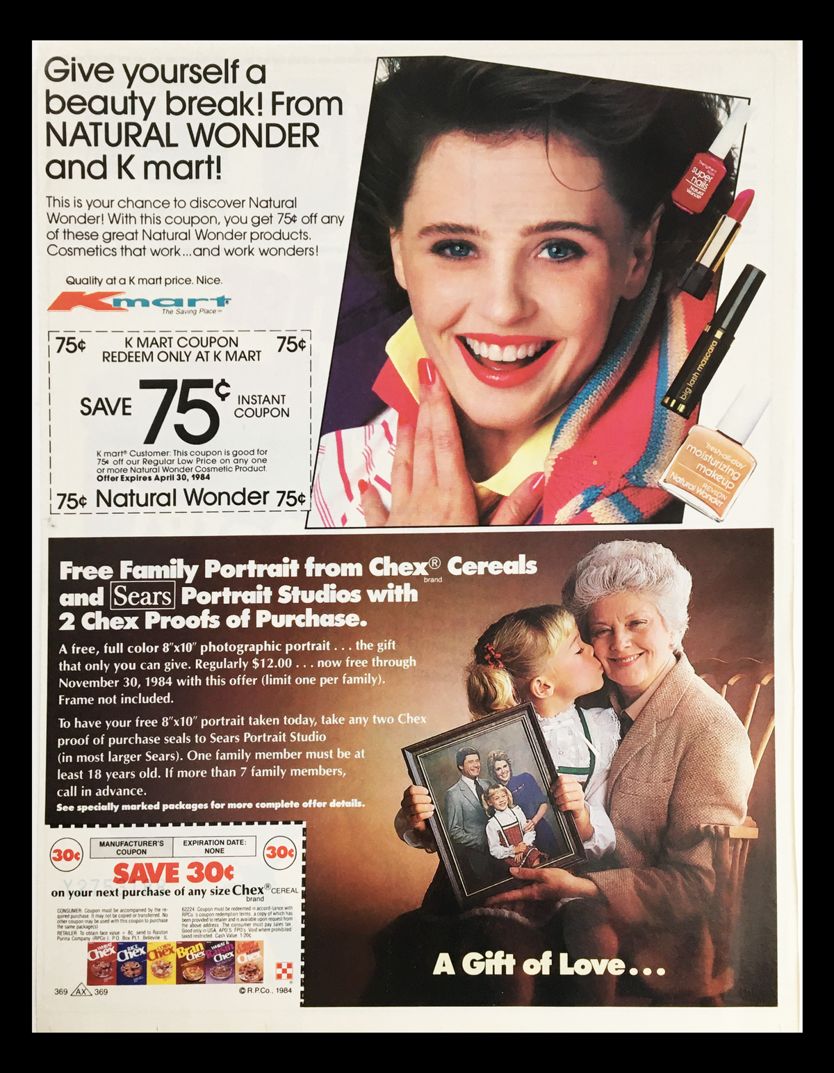 1984 Natural Wonder cosmetics coupon advertisement showcasing a beauty break offer at K Mart and a promotional family portrait offer from Chex Cereals and Sears Studios.