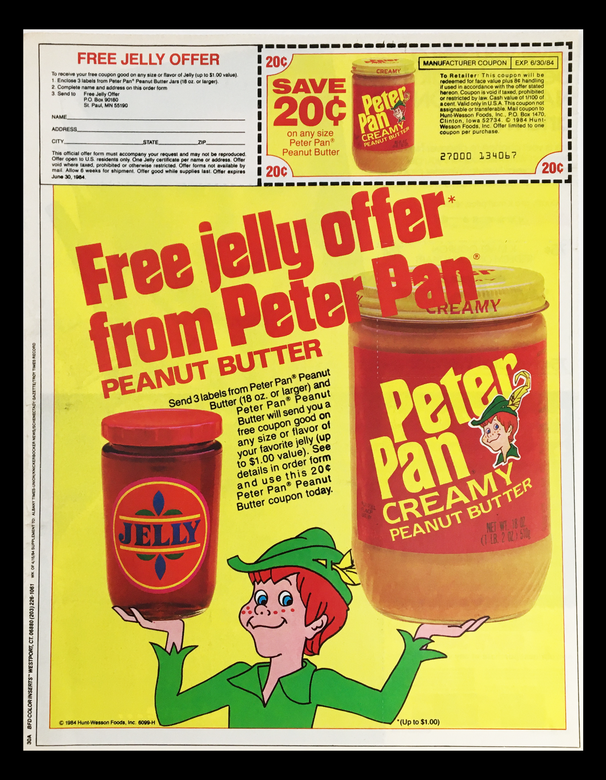 1984 Peter Pan Creamy Peanut Butter Circular Coupon Advertisement featuring a promotional offer for free jelly with the purchase of Peter Pan Peanut Butter. Includes an image of the product and branding.