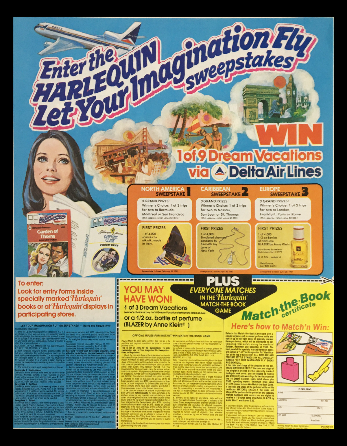 1981 Harlequin Imagination Fly Sweepstakes advertisement showcasing a chance to win dream vacations through Delta Air Lines, featuring colorful graphics and promotional details. This ad highlights various travel destinations and prizes.