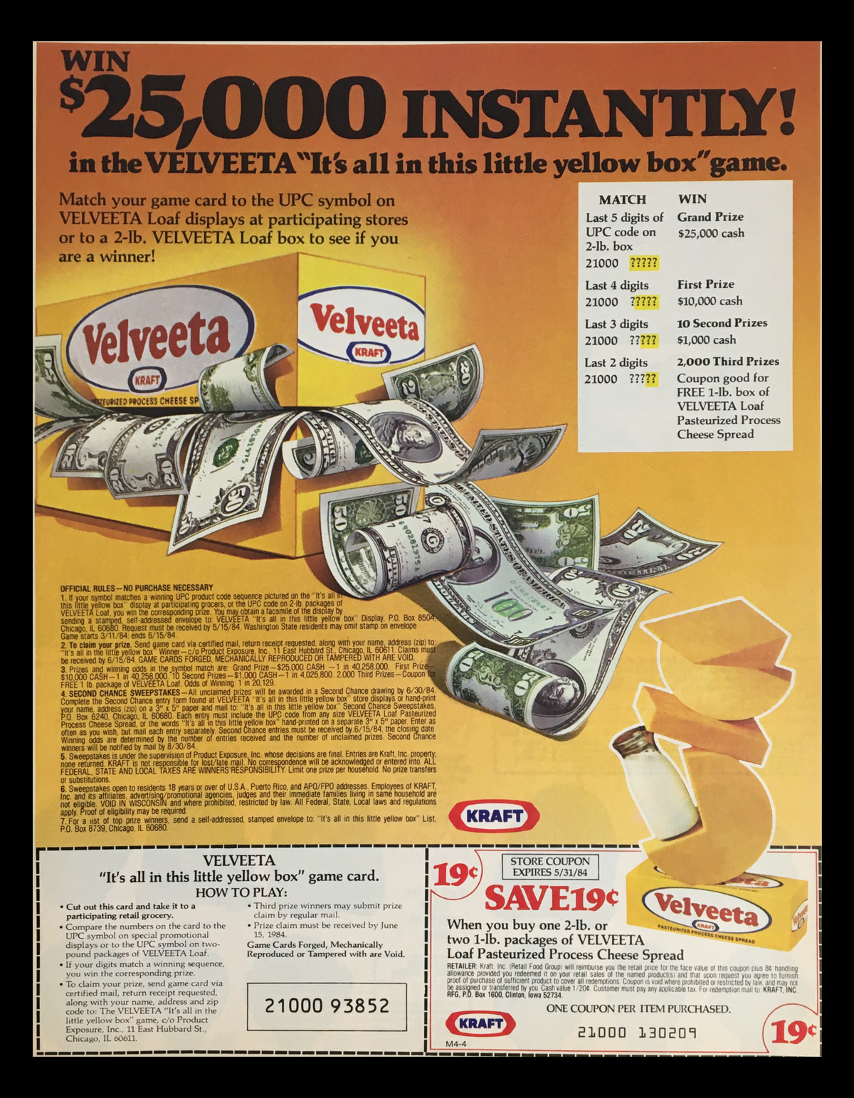 1984 Kraft Velveeta Loaf Pasteurized Cheese Circular Coupon Advertisement featuring a $25,000 prize game, showcasing Velveeta product packages and details on how to win.