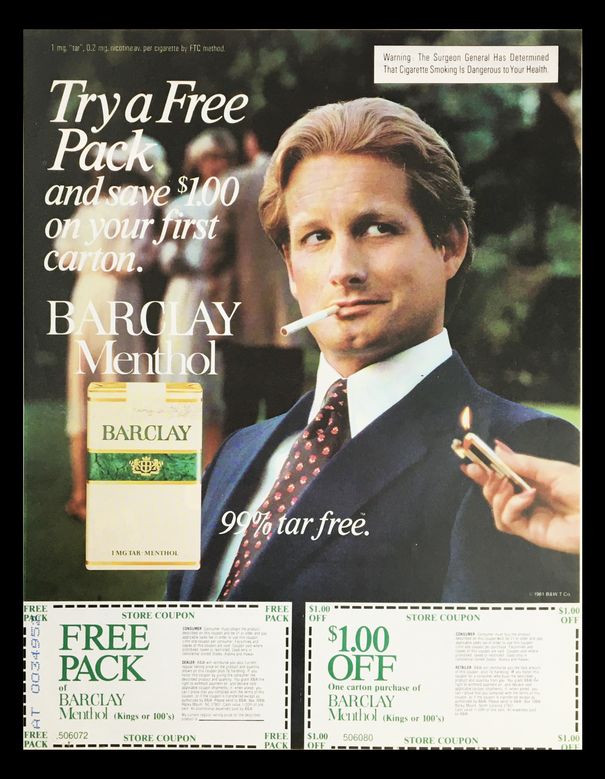 1981 Barclay Kings Circular Advertisement featuring a handsome man in a suit, promoting Barclay Menthol cigarettes with a coupon offer, highlighting the product as 90% tar free.
