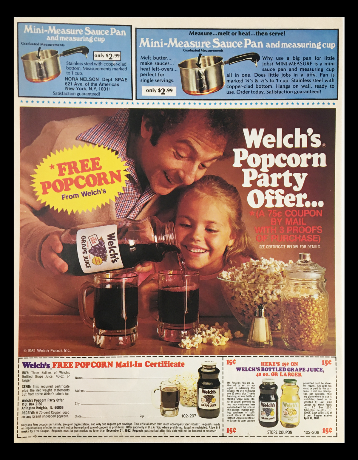 Welch's Popcorn Party Offer advertisement from 1981 featuring a father and daughter enjoying grape juice and popcorn, along with a promotion for a free popcorn offer with purchase.