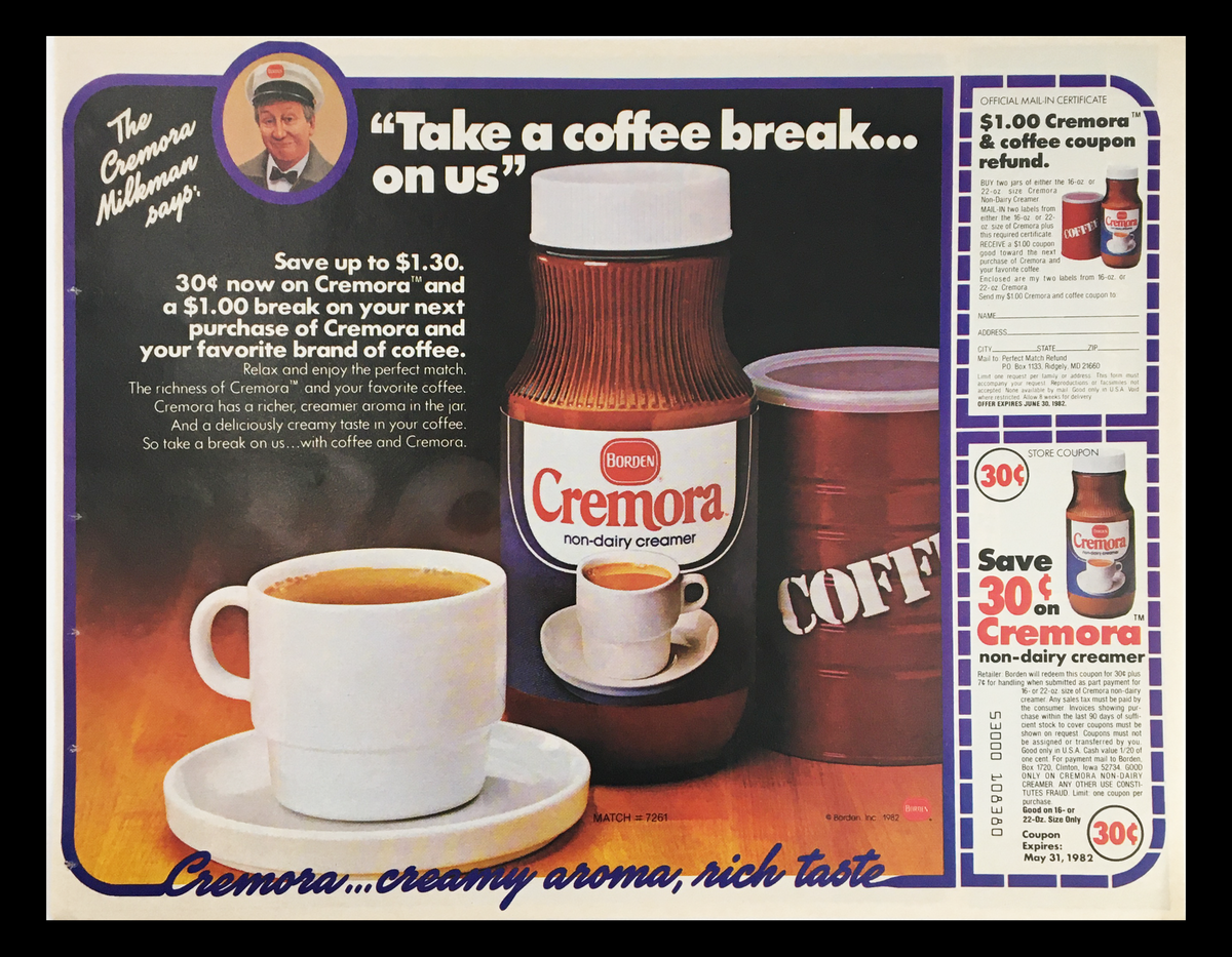 1982 Borden Cremora Non-Dairy Creamer Circular Coupon Advertisement featuring a smiling milkmann holding a Cremora bottle and a cup of coffee, showcasing a coupon for savings on Cremora non-dairy creamer.