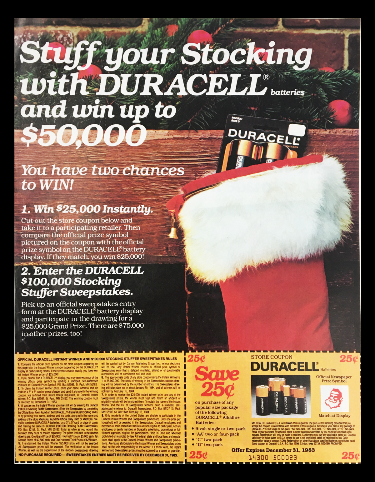 1983 Duracell Batteries Circular Coupon Advertisement showcasing a promotional Santa stocking, offering chances to win prizes, including $25,000 and entries into a sweepstakes, with details on expired coupon redemption.