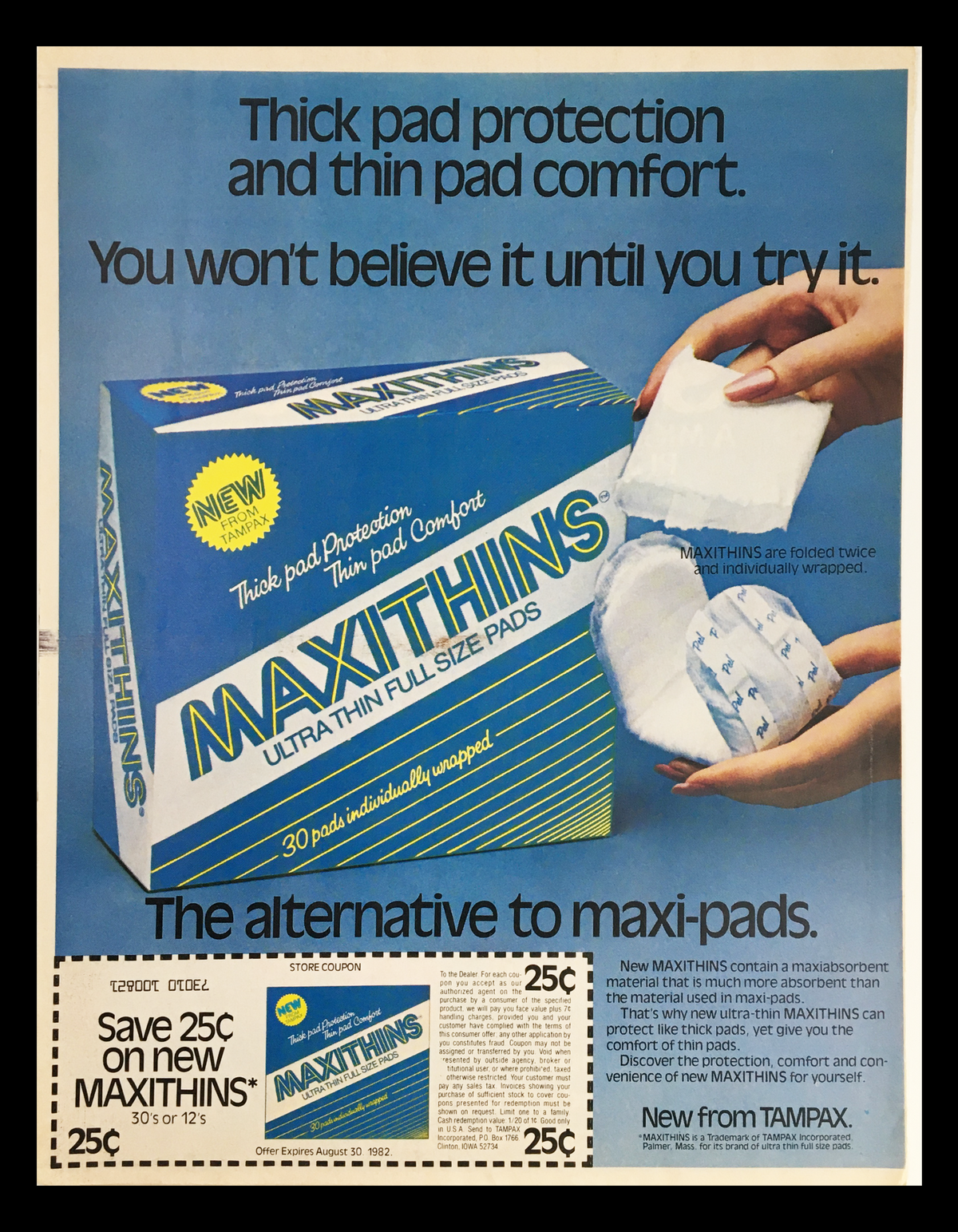 1982 Maxithins Ultra Thin Full Size Pads Circular Coupon Advertisement showcasing the product packaging and promotional offer with the slogan 'Thick pad protection and thin pad comfort.' This vintage advertisement highlights Maxithins' innovation in feminine hygiene.