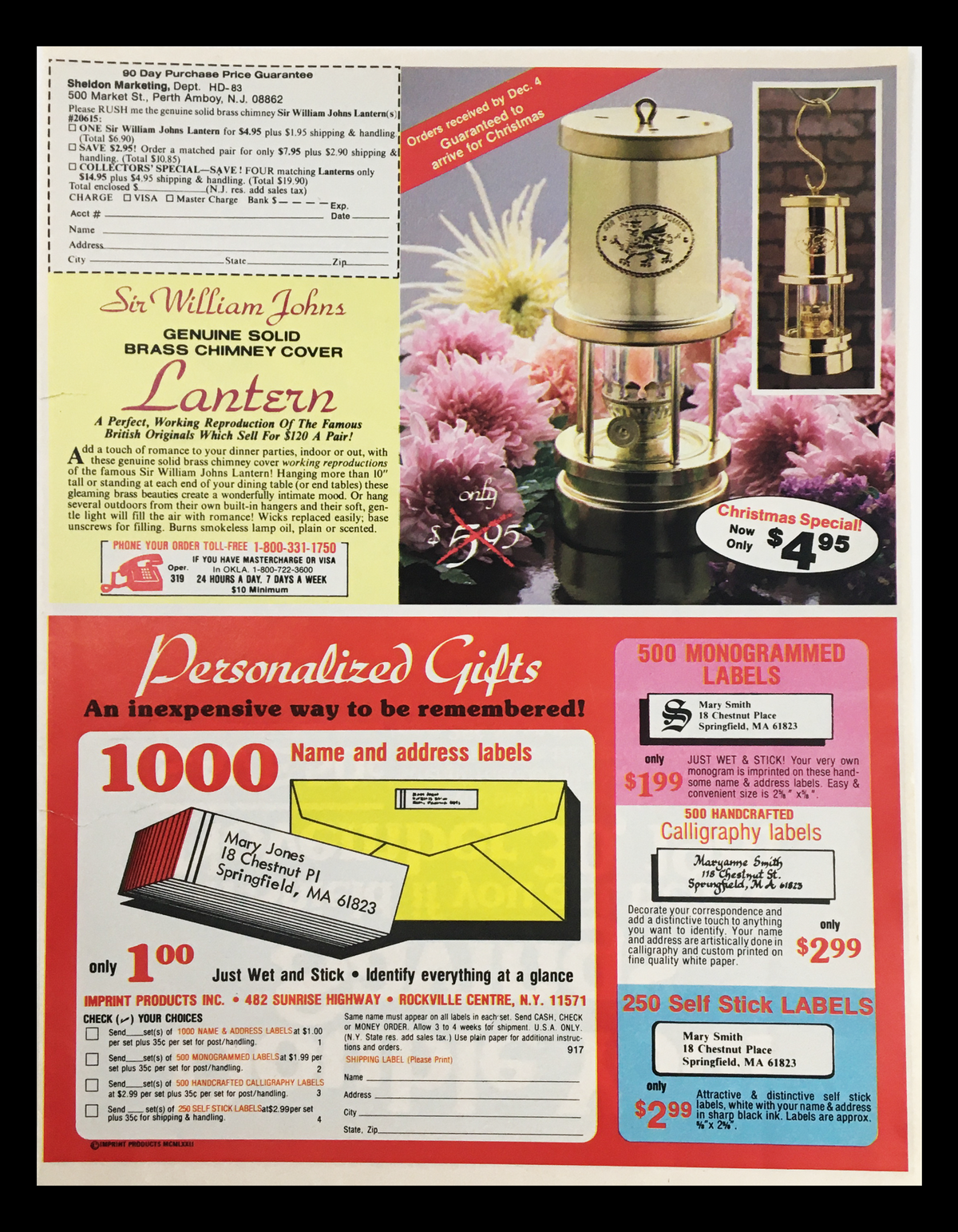 Image of a circular advertisement showcasing various products including a brass chimney cover lantern and personalized gift labels, highlighting prices and special offers.