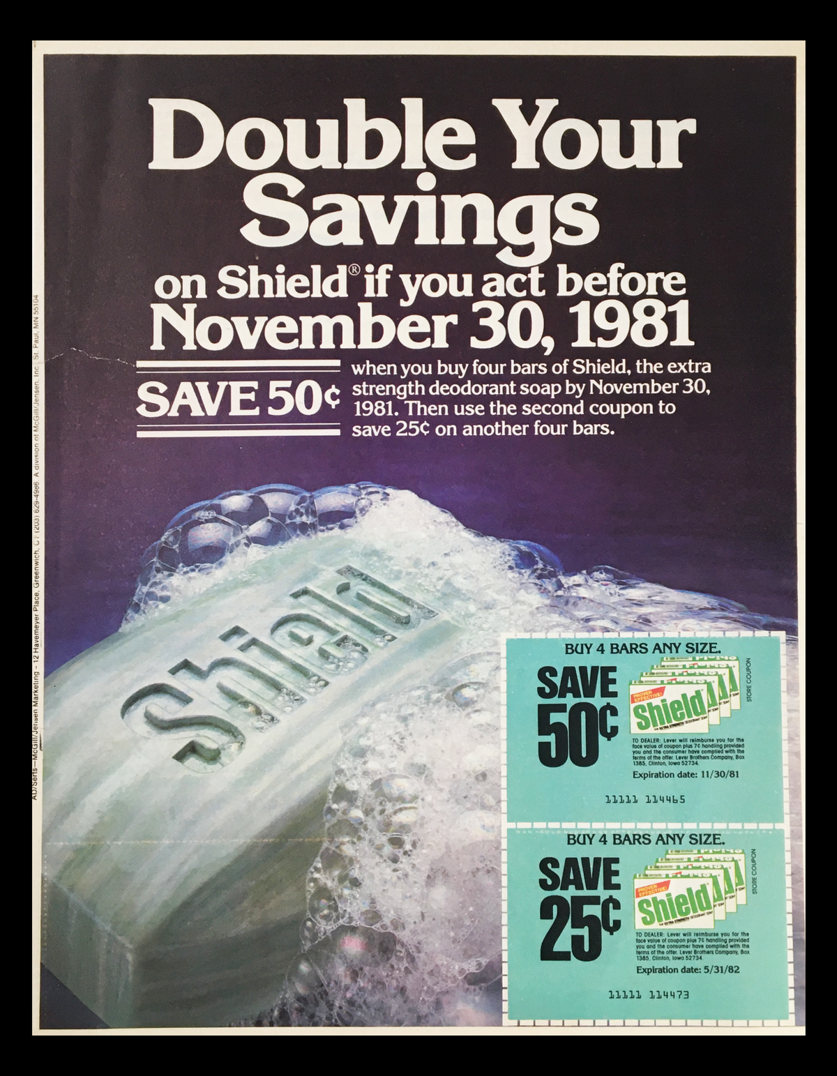 Image depicting the 1981 Shield Extra Strength Deodorant Soap Circular Coupon Advertisement, featuring a bar of soap and two coupons, with a promotional message to save on purchase before November 30, 1981.
