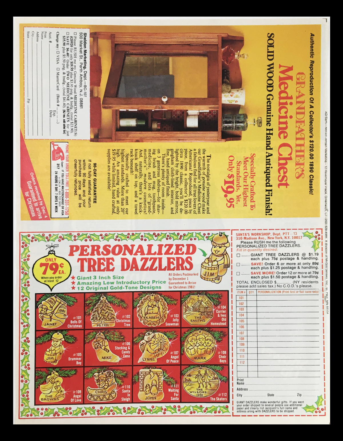 1981 Shower Up Liquid Shower and Bath Soap Circular Coupon Advertisement featuring a wood medicine chest with promotional items on display, showcasing unique offers and details.