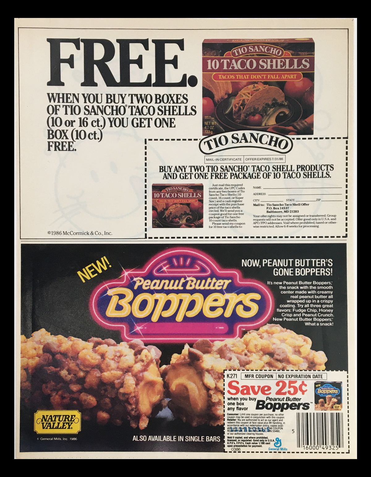 Promotional advertisement for Tio Sancho Taco Shells and Nature Valley Peanut Butter Boppers featuring coupon details. The ad highlights a special offer for taco shell purchases and showcases the product packaging.