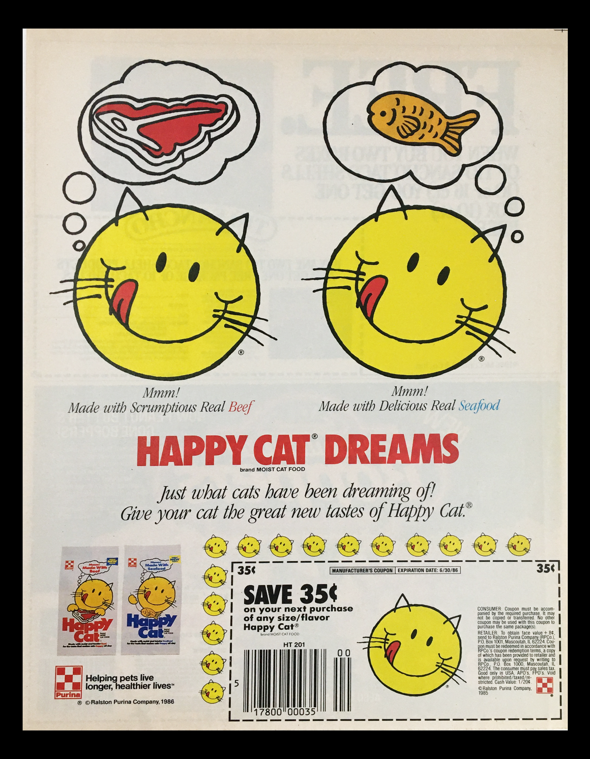 1985 Happy Cat Dreams Brand Moist Cat Food Circular Coupon Advertisement featuring playful cat illustrations and tips for cat owners. The ad promotes beef and seafood flavors, highlighting a coupon offer with a playful design.