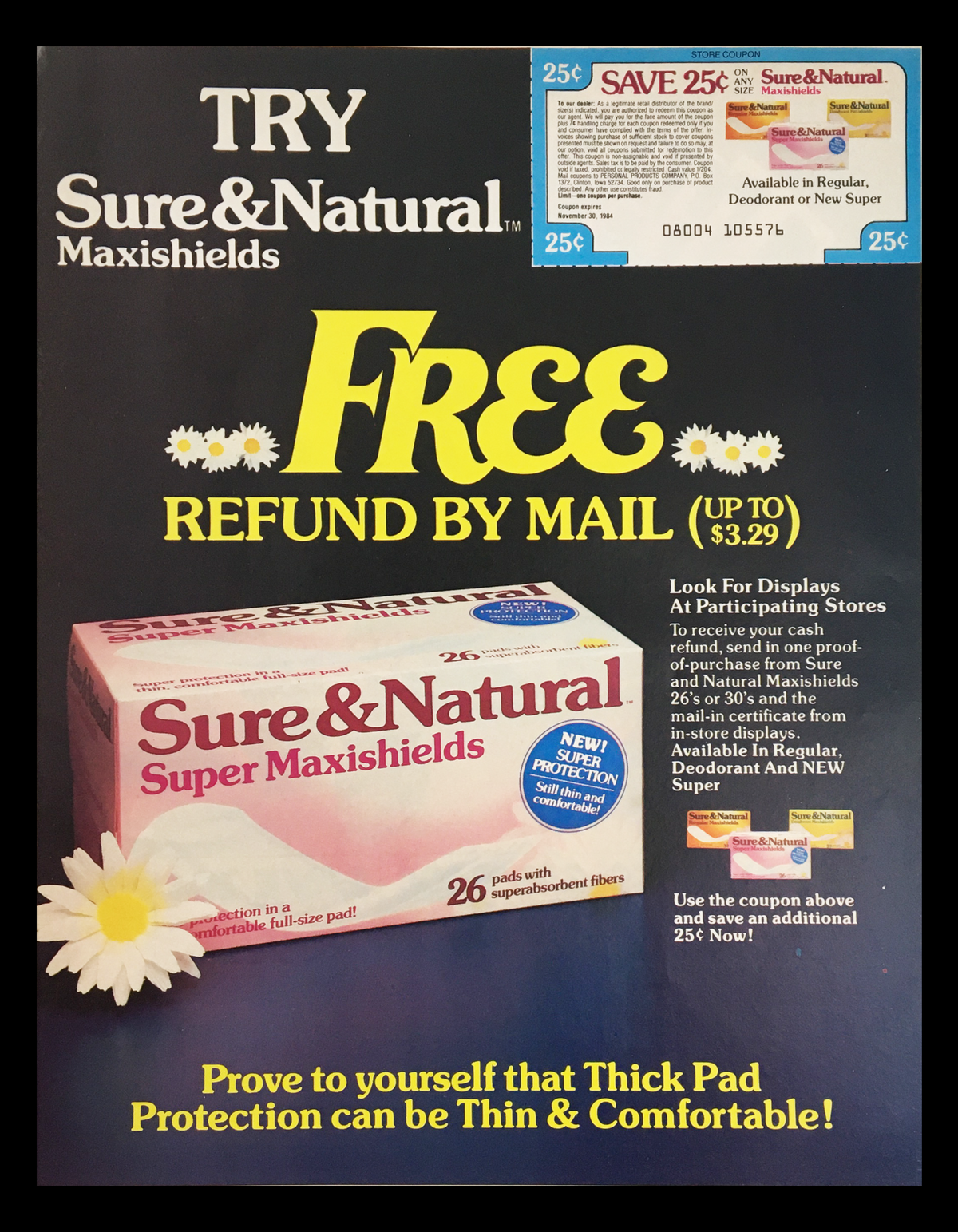 1984 Sure & Natural Super Maxishields Circular Coupon Advertisement featuring a product promotion, highlighting Free Refund by Mail offer and information about the Sure & Natural Super Maxishields, with visuals of the product packaging and coupon details.