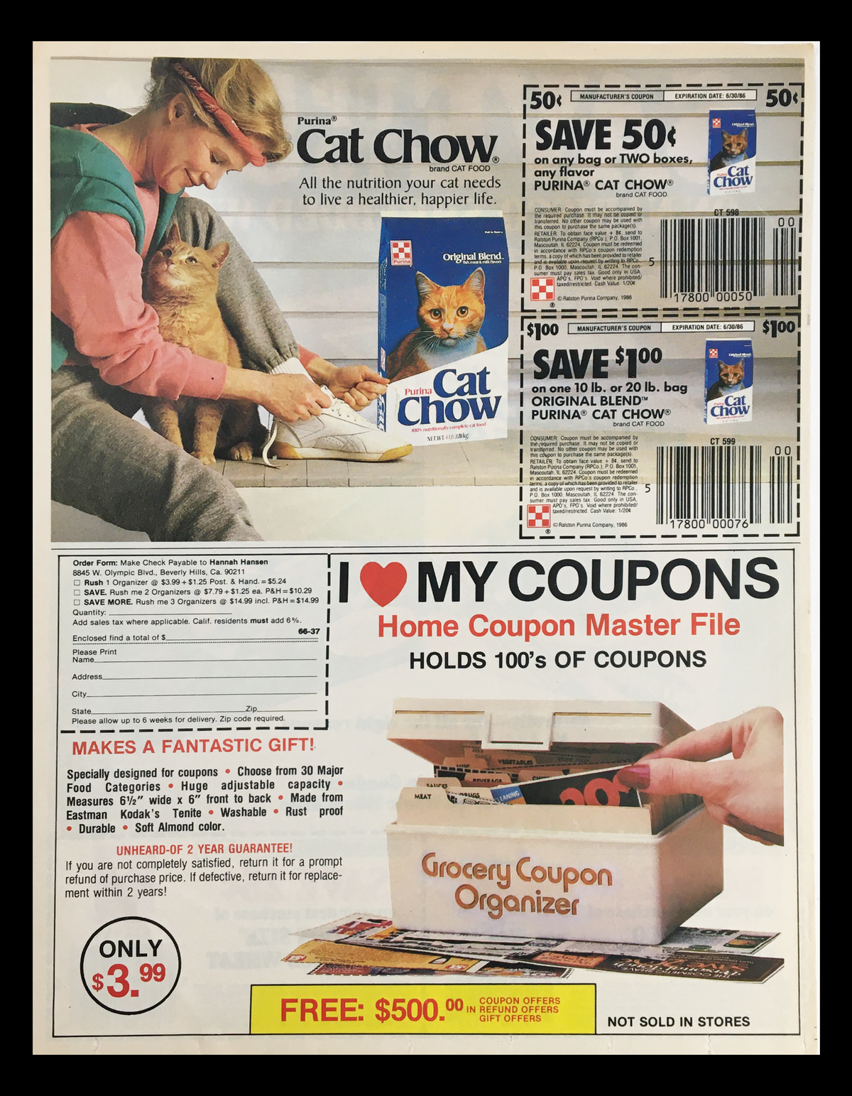 1986 Nabisco Shredded Wheat & Spoon Size Cereal Circular Coupon Advertisement featuring Purina Cat Chow cat food with coupons. The advertisement showcases a woman and her cat, highlighting the nutritional benefits and various coupon savings for cat food, alongside a promotion for a coupon organizer.