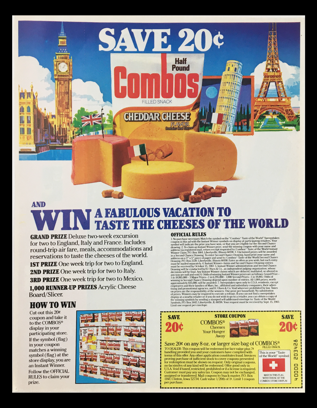 1984 Combos Half Pound Cheese Filled Snack Circular Coupon Advertisement showcasing various cheeses, including a contest for a vacation to taste the cheeses of the world, featuring iconic landmarks like the Eiffel Tower and Big Ben.