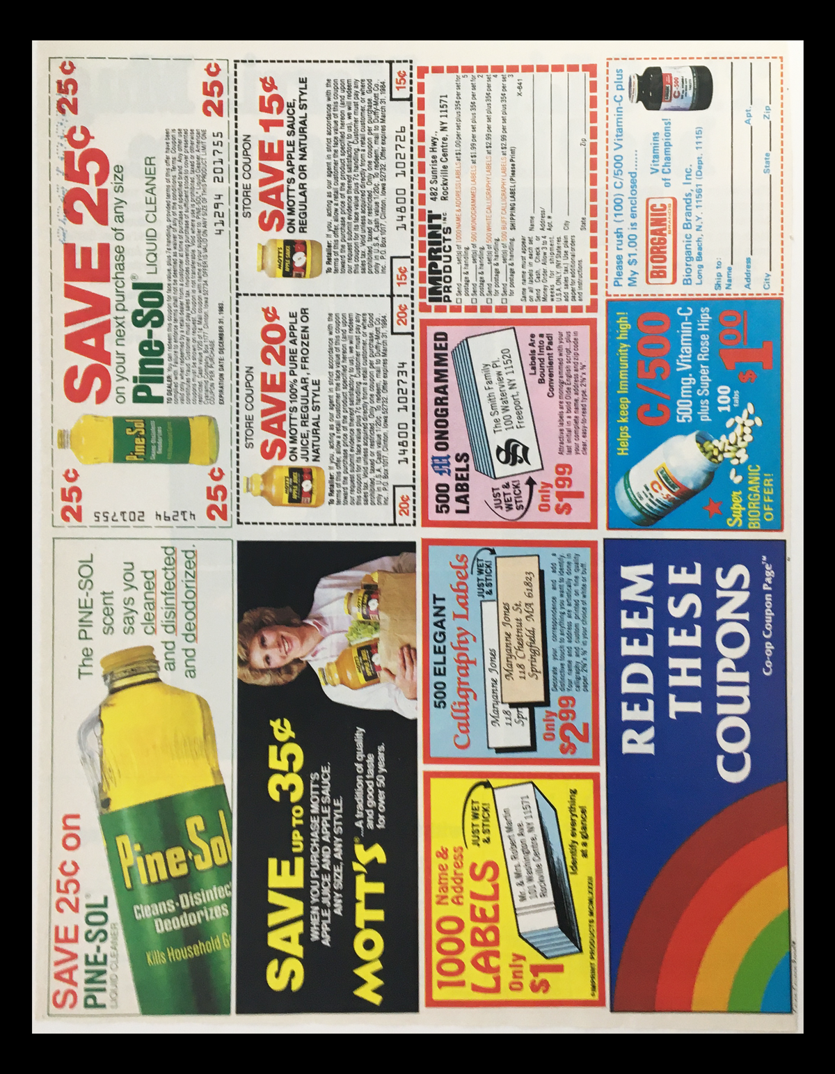 1983 9-Lives Unique Recipes Morris Mug Circular Coupon Advertisement featuring various coupons including Pine-Sol and Mott's, showcasing savings and promotional offers, original design with vibrant layout.