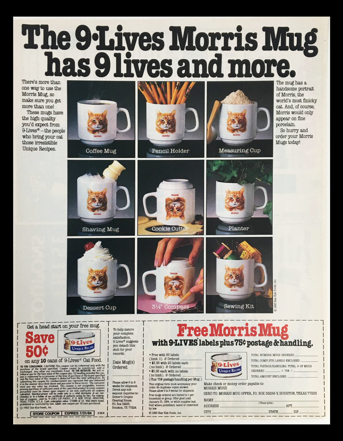 1983 9-Lives Unique Recipes Morris Mug Circular Coupon Advertisement featuring various uses for the mug, including coffee mug, pencil holder, measuring cup, and more, showcasing the unique recipes associated with the product.