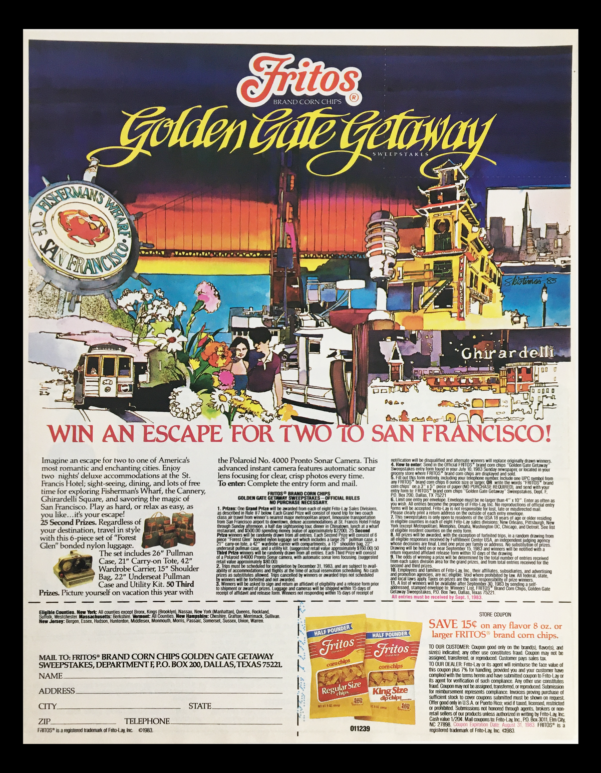 1983 Fritos Brand Corn Chips Golden Gate Getaway Circular Coupon Advertisement featuring a colorful San Francisco city scene with the Golden Gate Bridge and iconic landmarks, promoting an escape to San Francisco.