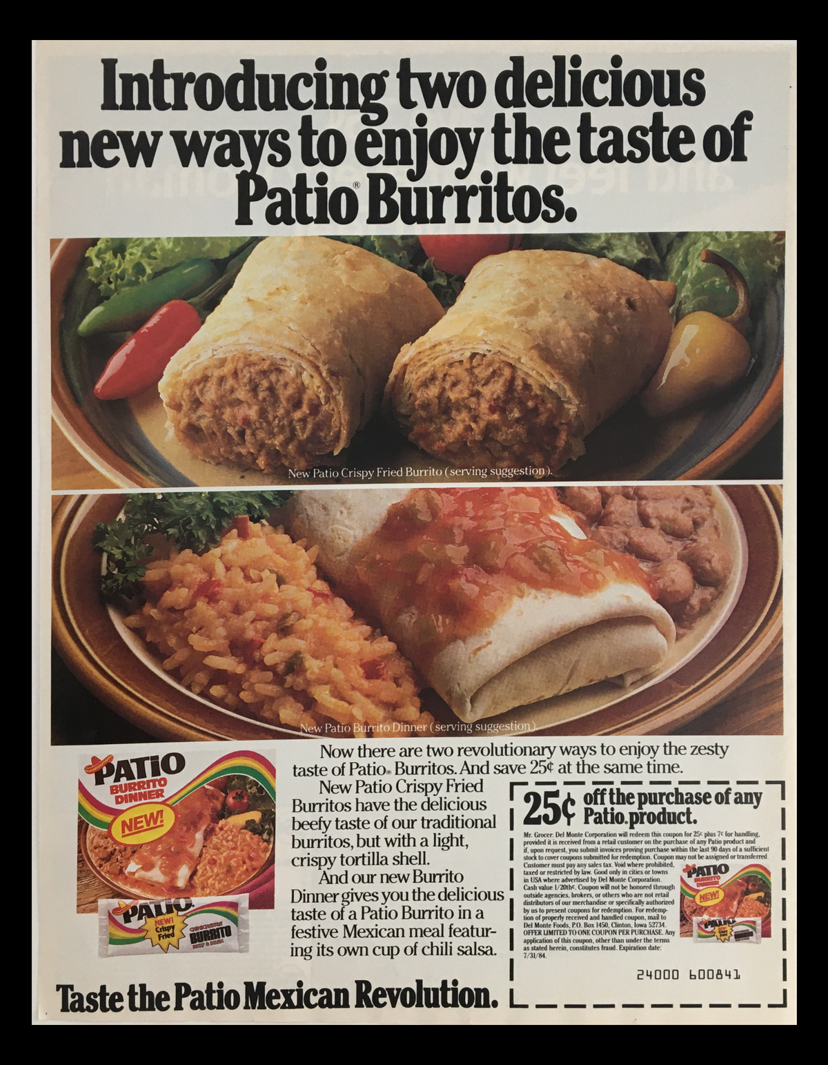 1984 Patio Crispy Fried Burrito Dinner Circular Coupon Advertisement featuring a delicious presentation of Patio Burritos with rice and beans, highlighting a coupon for savings on Patio products.
