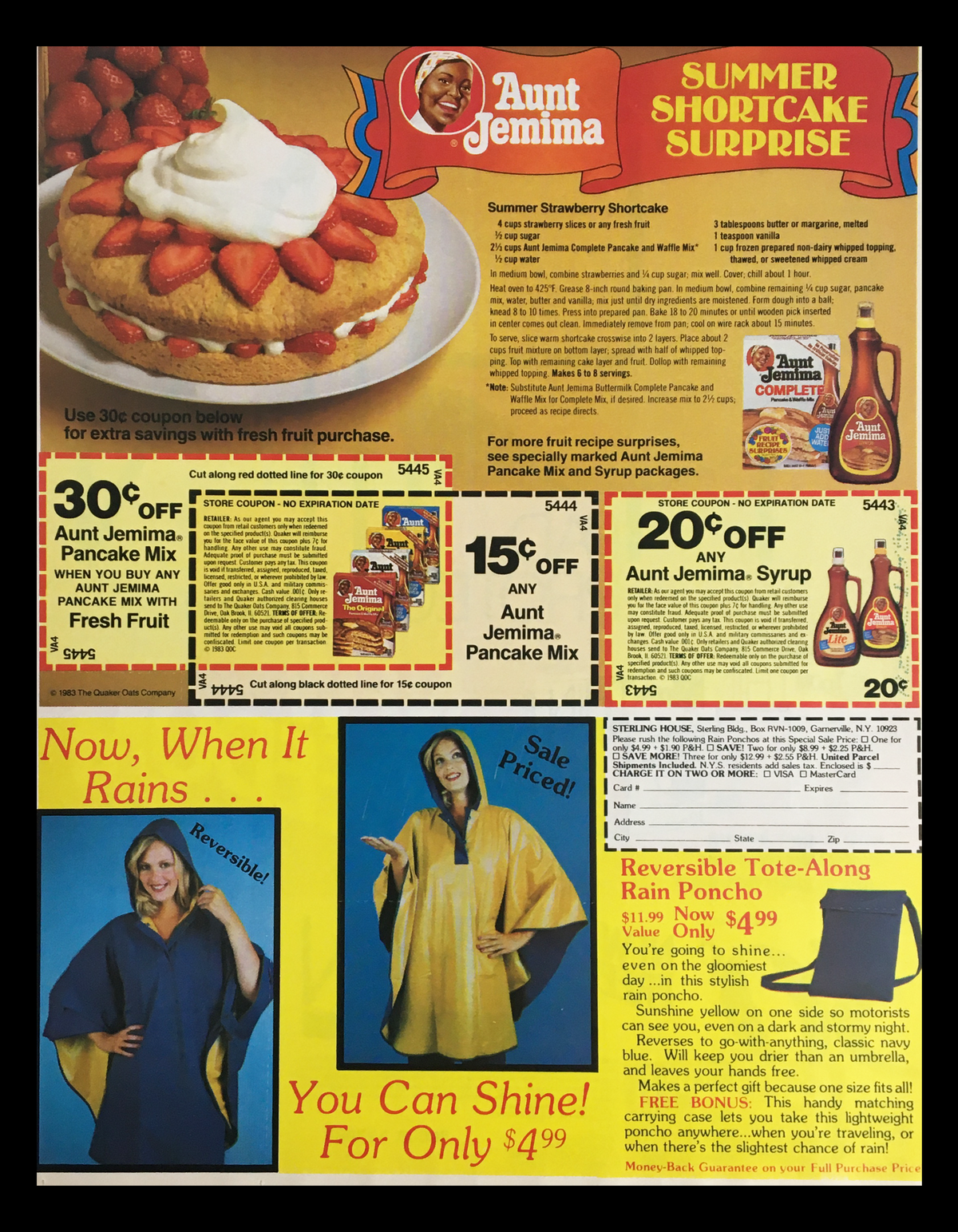Aunt Jemima Summer Shortcake Surprise promotional advertisement featuring a delicious strawberry shortcake, coupons for pancake mix and syrup, and a model wearing a rain poncho, emphasizing seasonal savings on Aunt Jemima products.