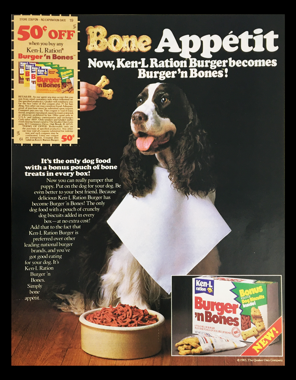 1983 Quaker Halfsies Sugar-Coated Cereal Circular Coupon Advertisement featuring a dog titled 'Bone Appétit' promoting Ken-L Ration Burger becomes Burger'n Bones, with a coupon offering 50 cents off. The advertisement shows a dog with a playful expression, a bowl of dog food, and a box of the cereal with added benefits.