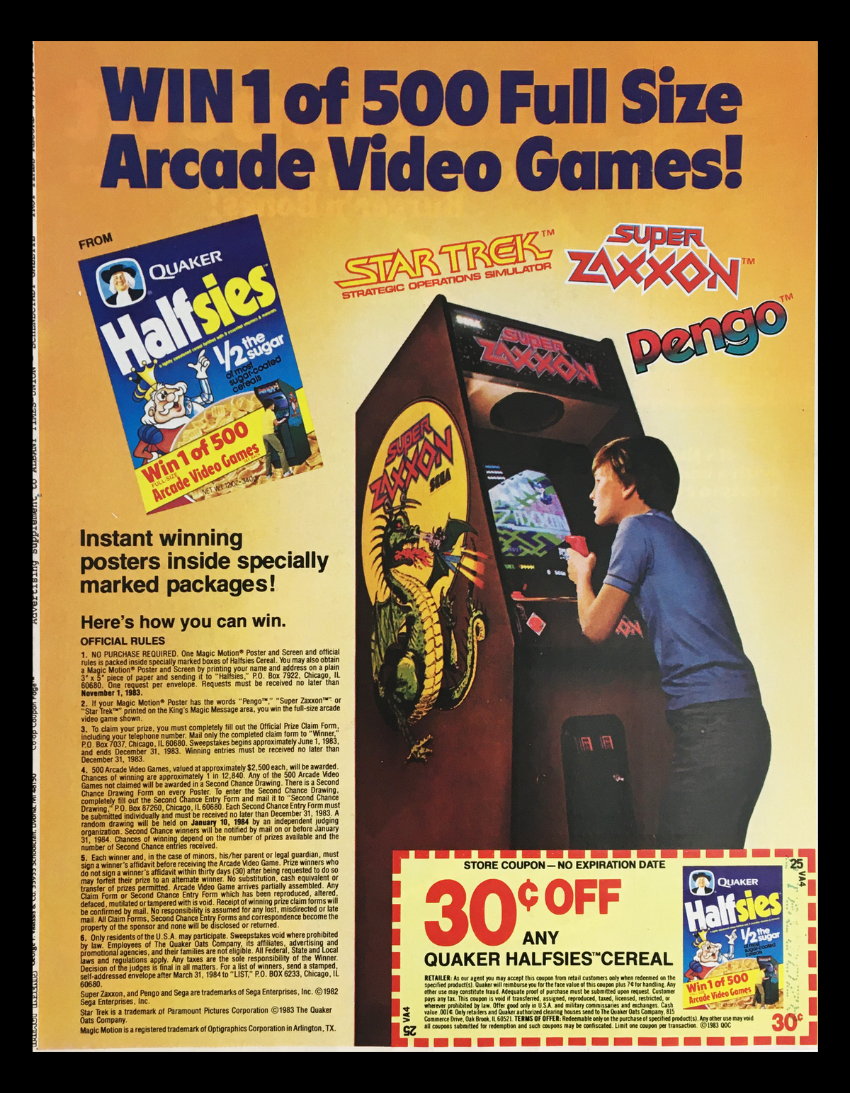 1983 Quaker Halfsies Sugar-Coated Cereal coupon advertisement featuring an arcade video game promotion with images of Star Trek and Super Zaxxon games, offering a discount and winning chance for customers.