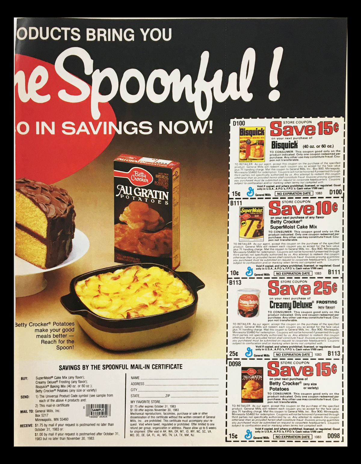 1983 Betty Crocker Au Gratin Potatoes Circular Coupon Advertisement showcasing prepared au gratin potatoes in a dish alongside a cake, featuring various coupons and offers.
