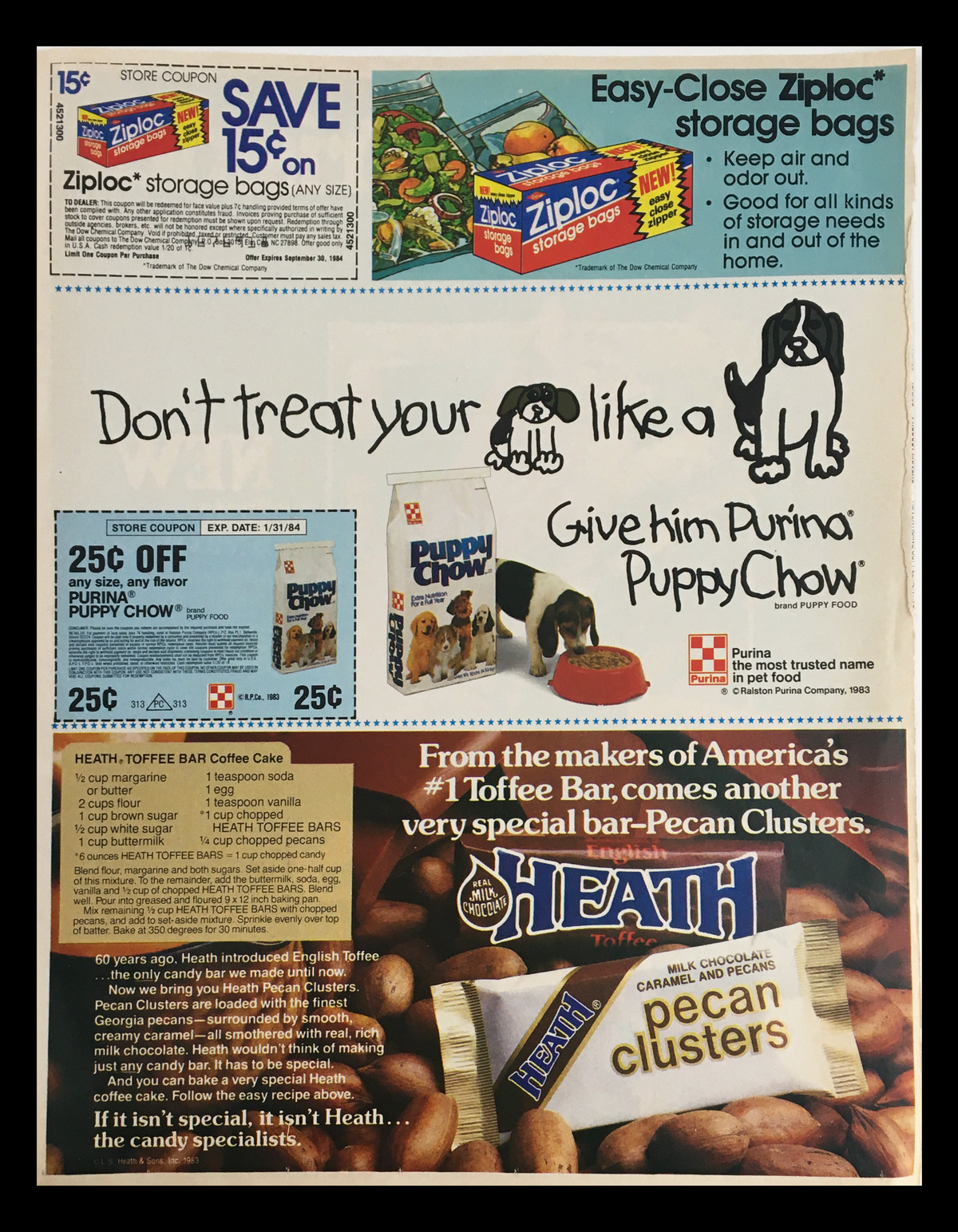 1983 Friskies Delicious Cat Dinners Circular Coupon Advertisement showing various coupons and promotions, along with a Ziploc coupon, illustrating the advertising layout of the era.