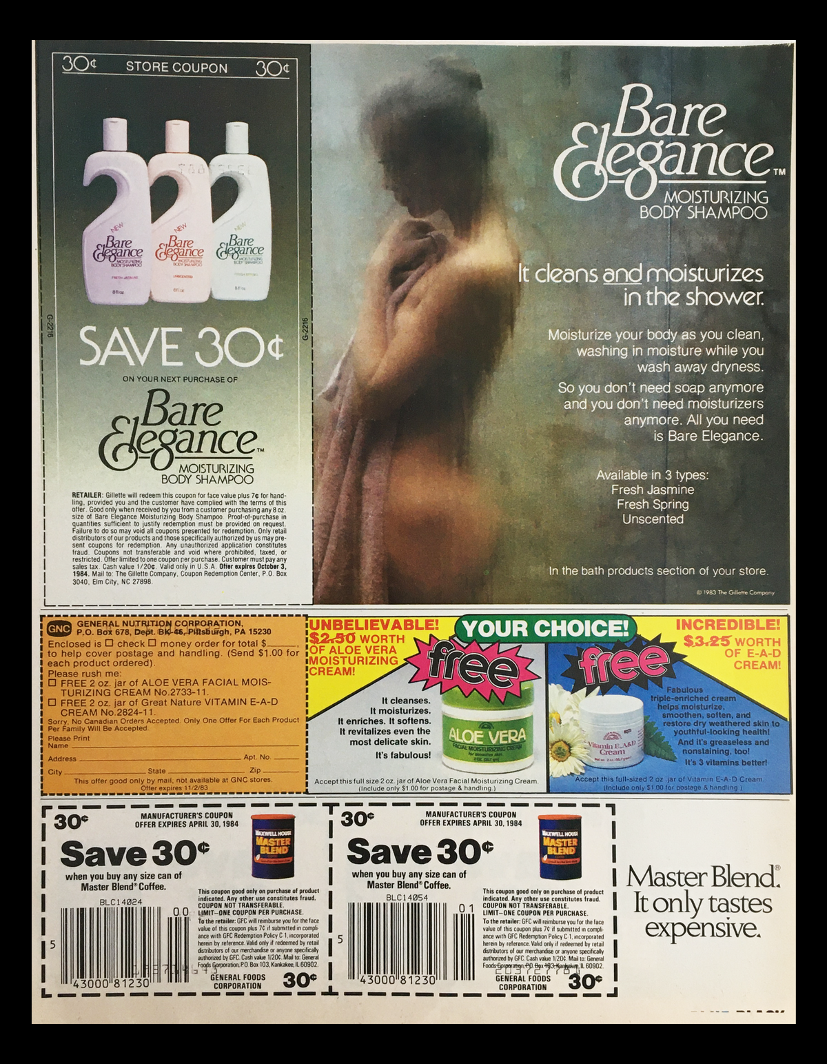 1984 Maxwell House Master Blend Coffee Circular Coupon Advertisement displaying a coupon for a discount on Bare Elegance Body Shampoo and promoting Maxwell House Master Blend Coffee. Features an image of personal care products and a model in the shower.
