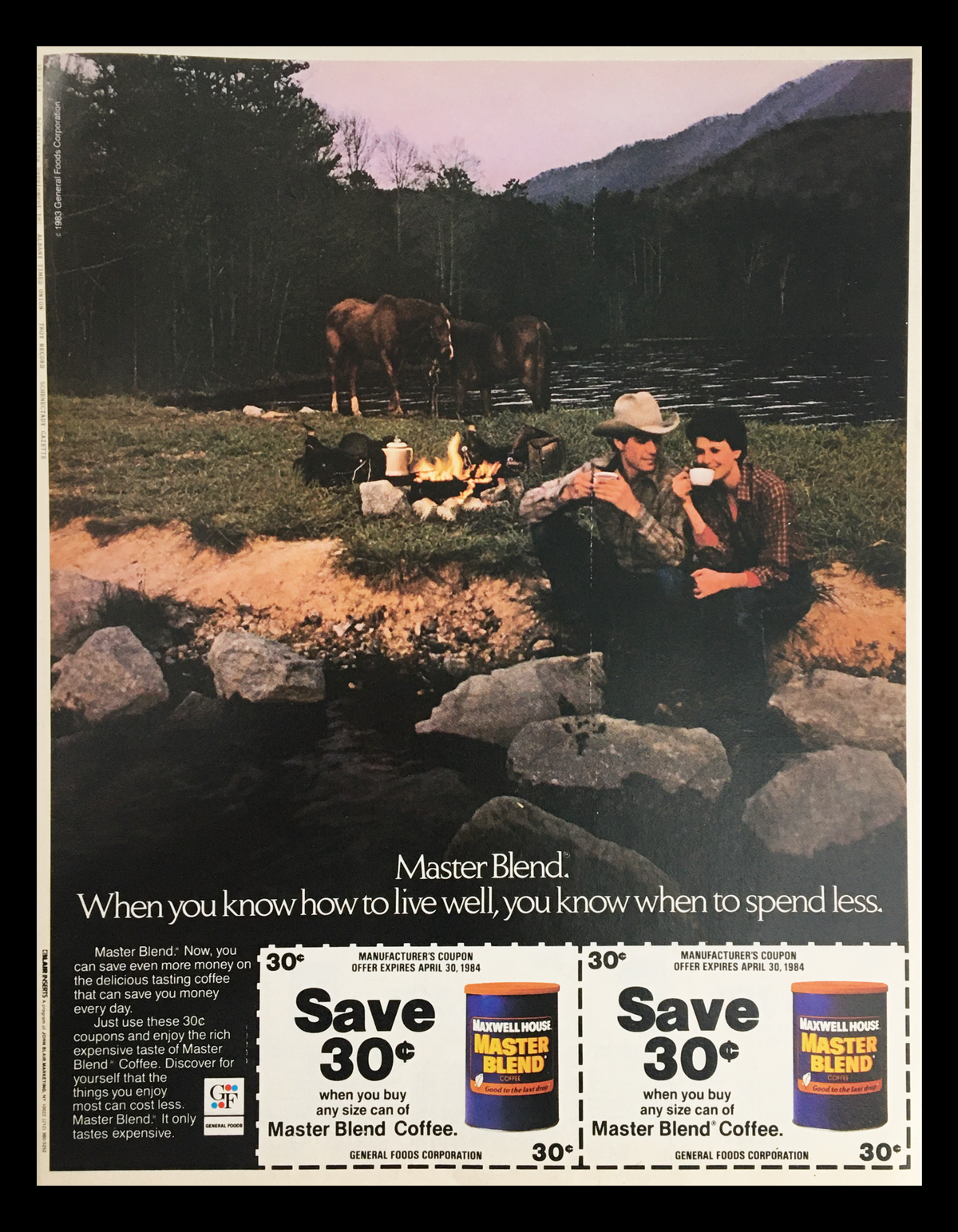 1984 Maxwell House Master Blend Coffee Circular Coupon Advertisement featuring a serene landscape with two people sitting by a river and horses in the background. The ad promotes saving 30 cents on Maxwell House Master Blend Coffee.
