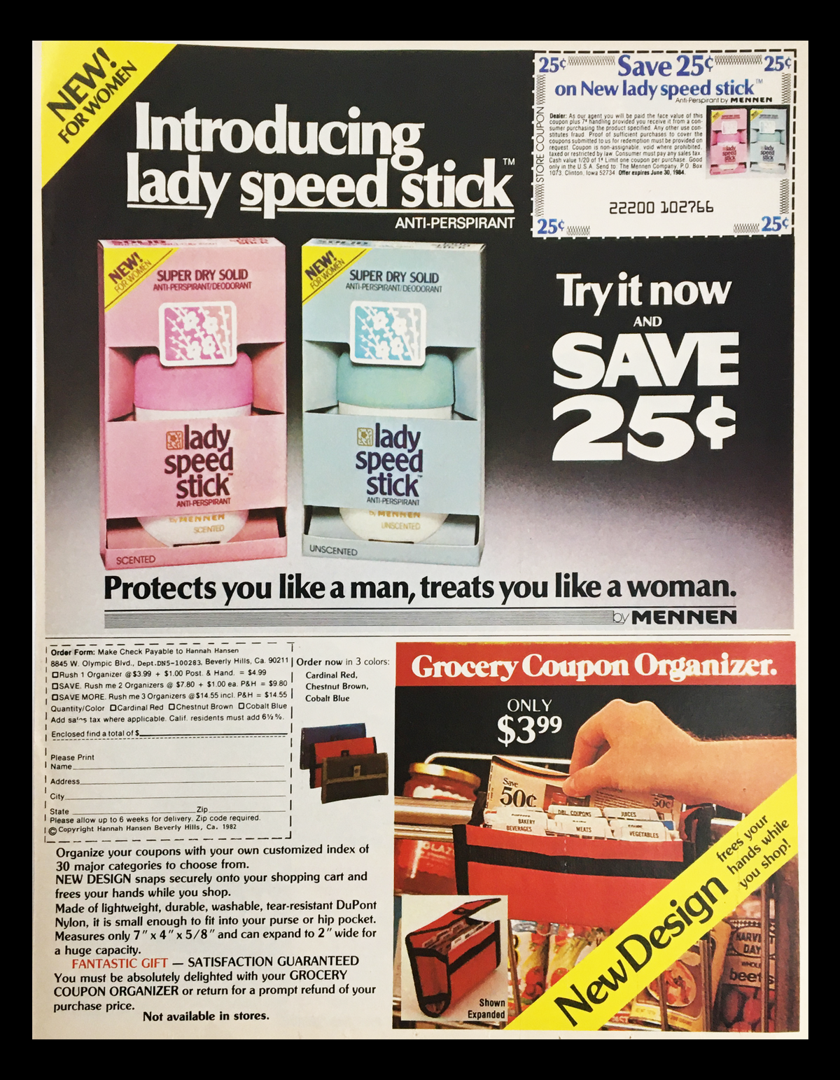 1983 advertisement for Lady Speed Stick Anti-Perspirant, showcasing pink and blue packaging with a coupon offer, and highlighting its features.