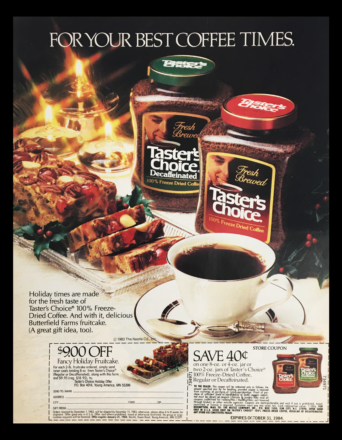 1984 Taster's Choice Freeze Dried Coffee Circular Coupon Advertisement showcasing Taster's Choice coffee jars and a cup on a holiday-themed table with food, offering a glimpse of seasonal promotions.