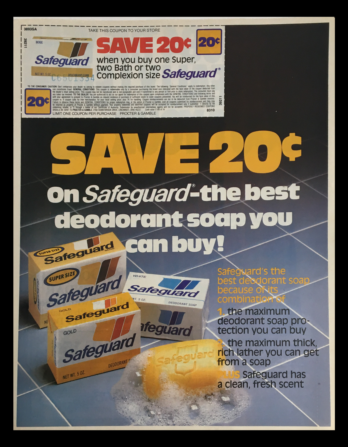 1984 Safeguard Deodorant Soap Circular Coupon Advertisement highlighting a discount on Safeguard soap products, featuring product packaging and a promotional coupon.