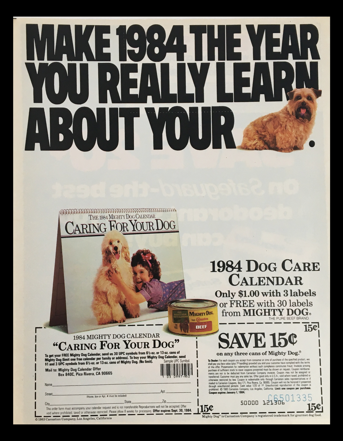 1984 Carnation Mighty Dog Calendar Circular Coupon Advertisement showcasing a dog, a calendar titled 'Caring For Your Dog', and a can of Mighty Dog food, promoting a savings offer.