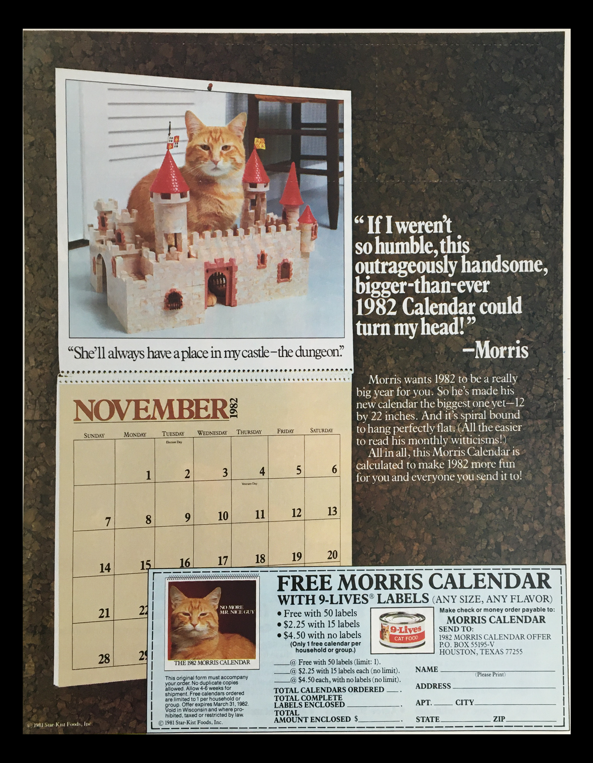 1981 9-Lives Cat Food Morris Calendar Circular Coupon Advertisement featuring a cat among a castle structure, with a calendar for November 1982, promoting the 1982 Morris Calendar.