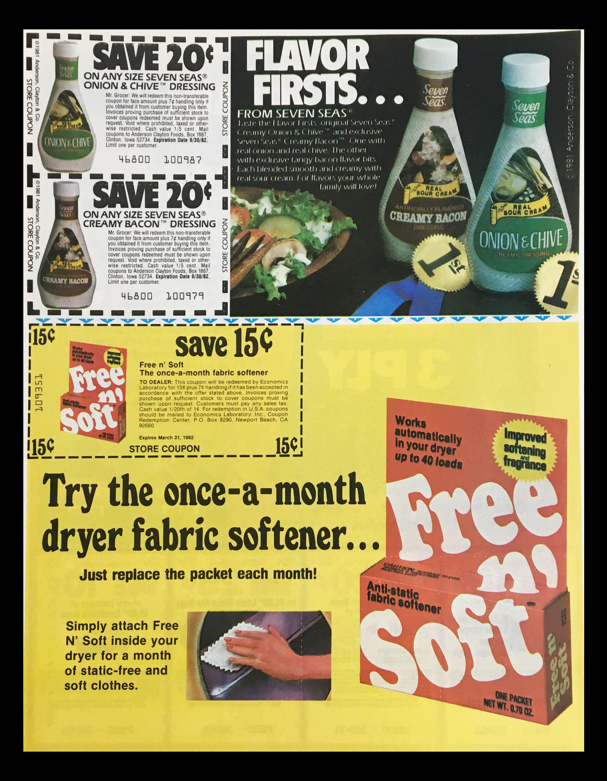 1982 advertisement showing Seven Seas dressings and Free n' Soft fabric softener with coupons including save offers. Highlighting flavor and freshness for family meals.