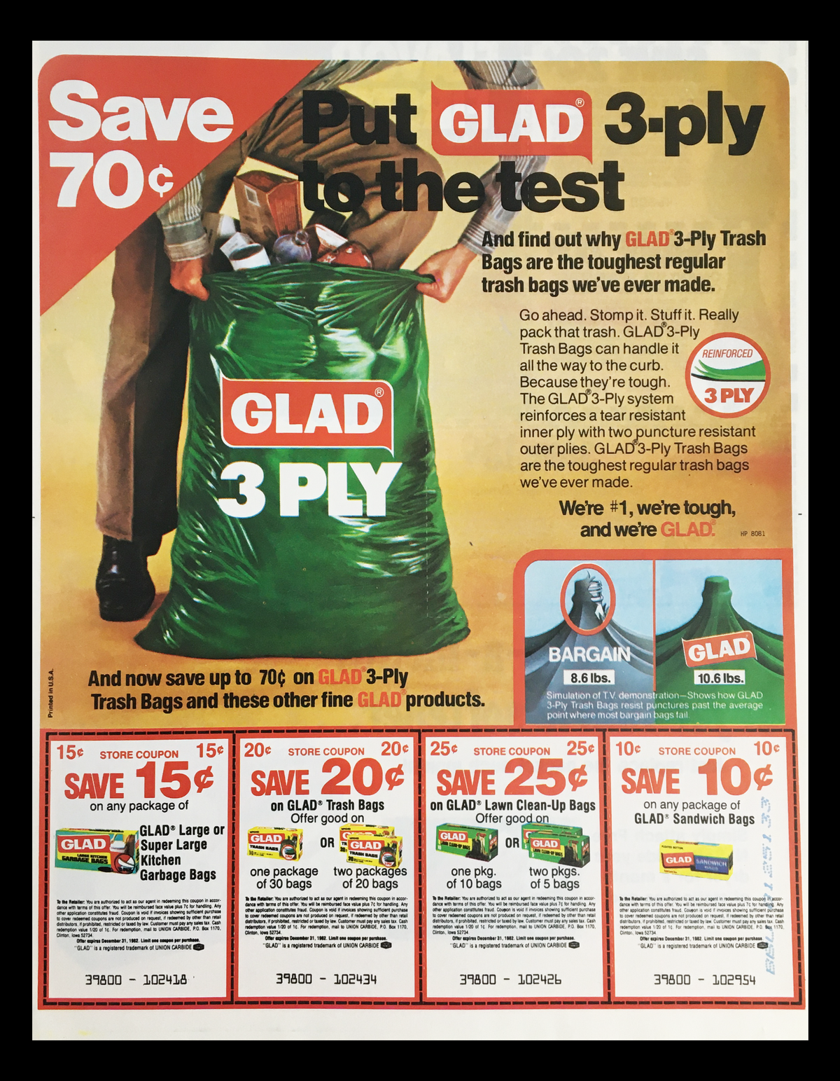 1982 Glad 3 Ply Trash Bags Circular Coupon Advertisement featuring a man holding a green Glad trash bag with coupons for various Glad products and a promotion to save up to 70 cents.