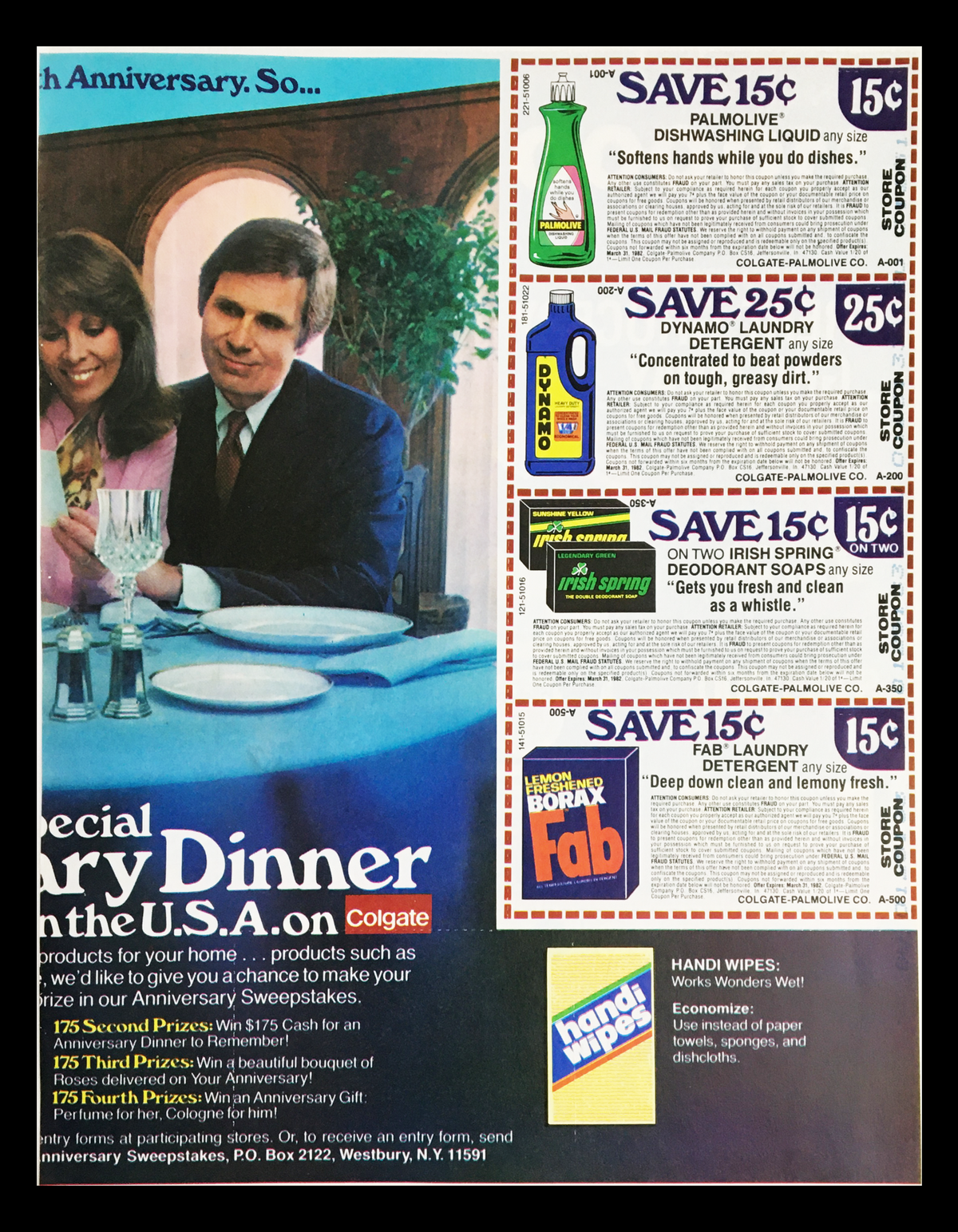 1982 Coupons from Colgate celebrating an anniversary, showcasing savings on Palmolive Dishwashing Liquid, Dynamogen Deodorant Soap, and Fab Laundry Detergent in a promotional advertisement.