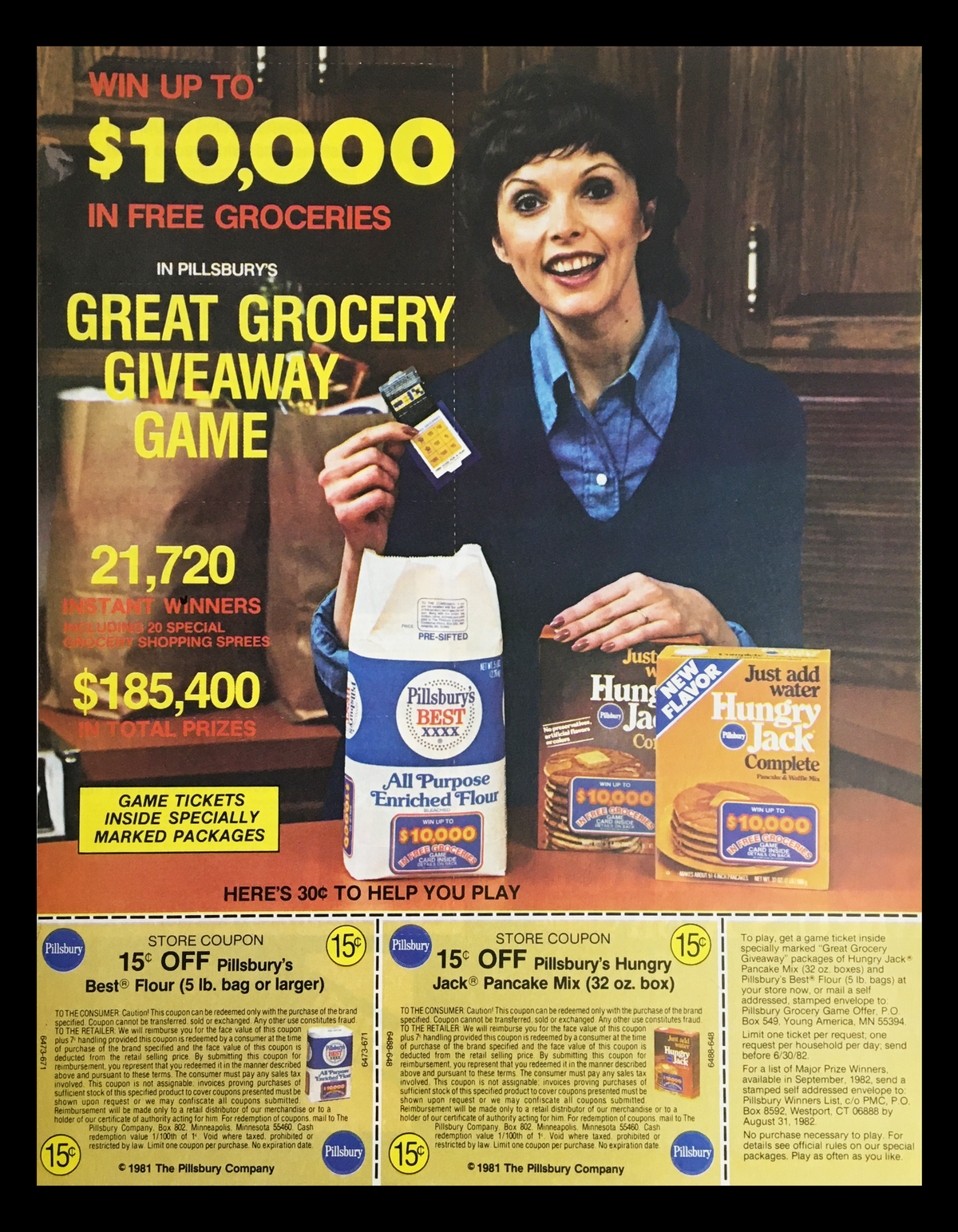 1982 Pillsbury All Purpose Enriched Flour Circular Coupon Advertisement featuring a woman promoting a grocery giveaway game, with details on prizes and savings on Pillsbury products.